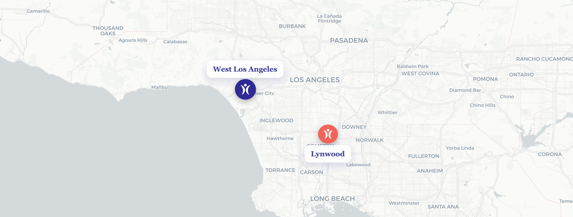 Map of Claris Health clinic locations across Los Angeles: West Los Angeles and Lynwood, plus mobile clinic sites