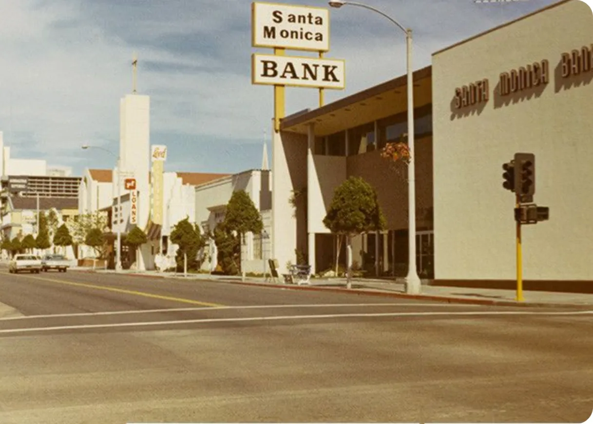 Street view of the Santa Monica Bank building in a vintage photograph