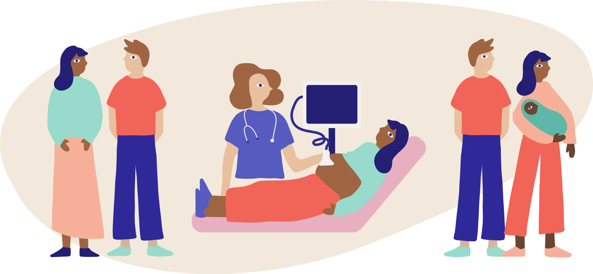 Illustration of a clinician performing an ultrasound while partners and family members stand nearby