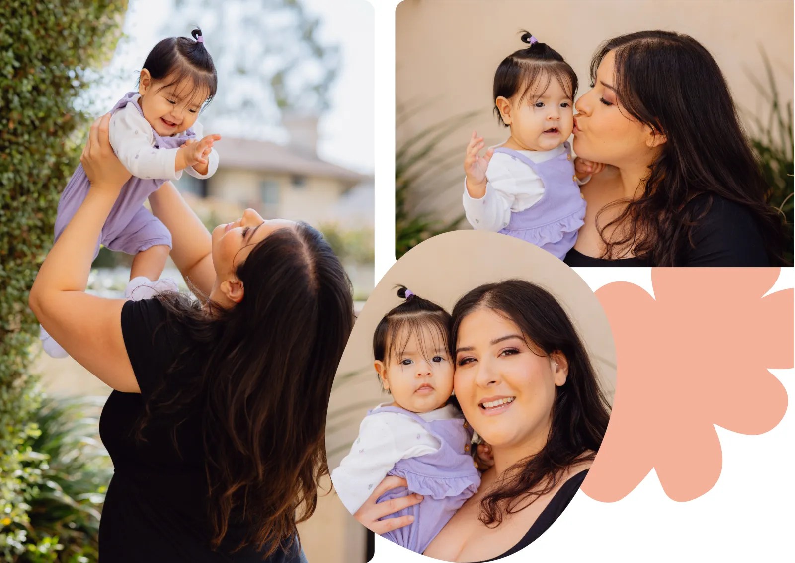 Three photos of a young mother with her baby daughter: lifting her up outdoors, kissing her cheek, and holding her close