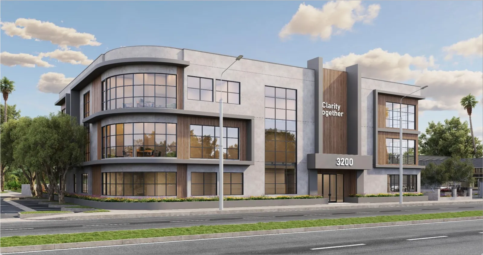 Architectural rendering of the four-story Clarity Together campus seen from the street