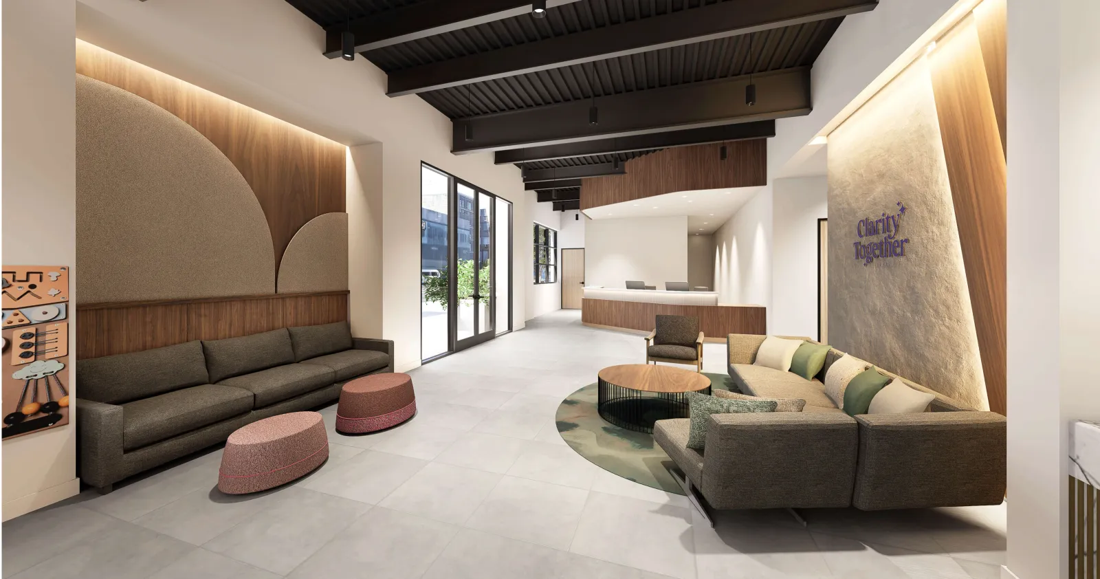 Rendering of the campus lobby with sofas, a reception desk and a Clarity Together wall sign