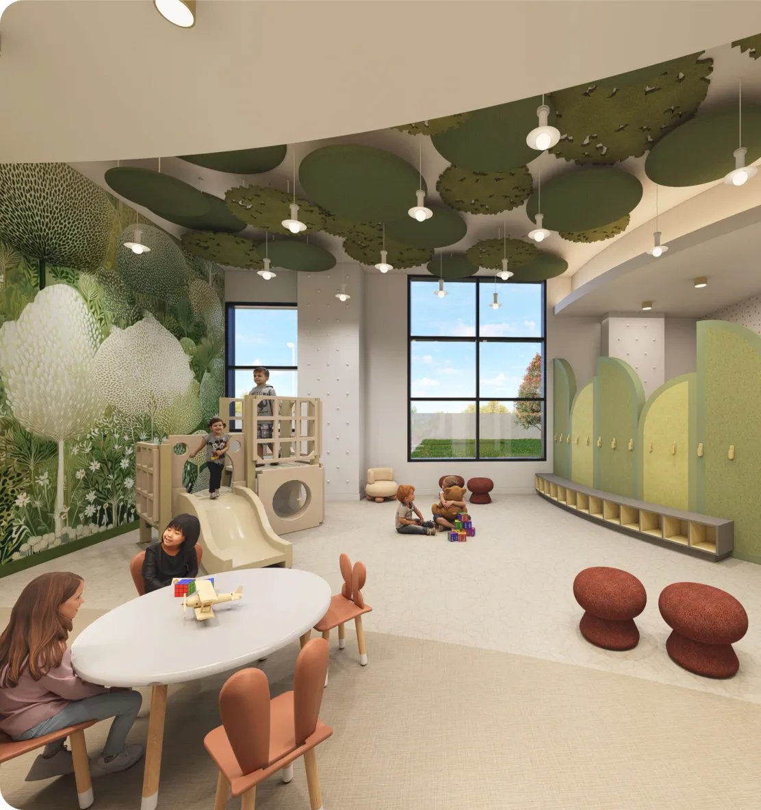 Rendering of the children's play area with trees painted on the walls