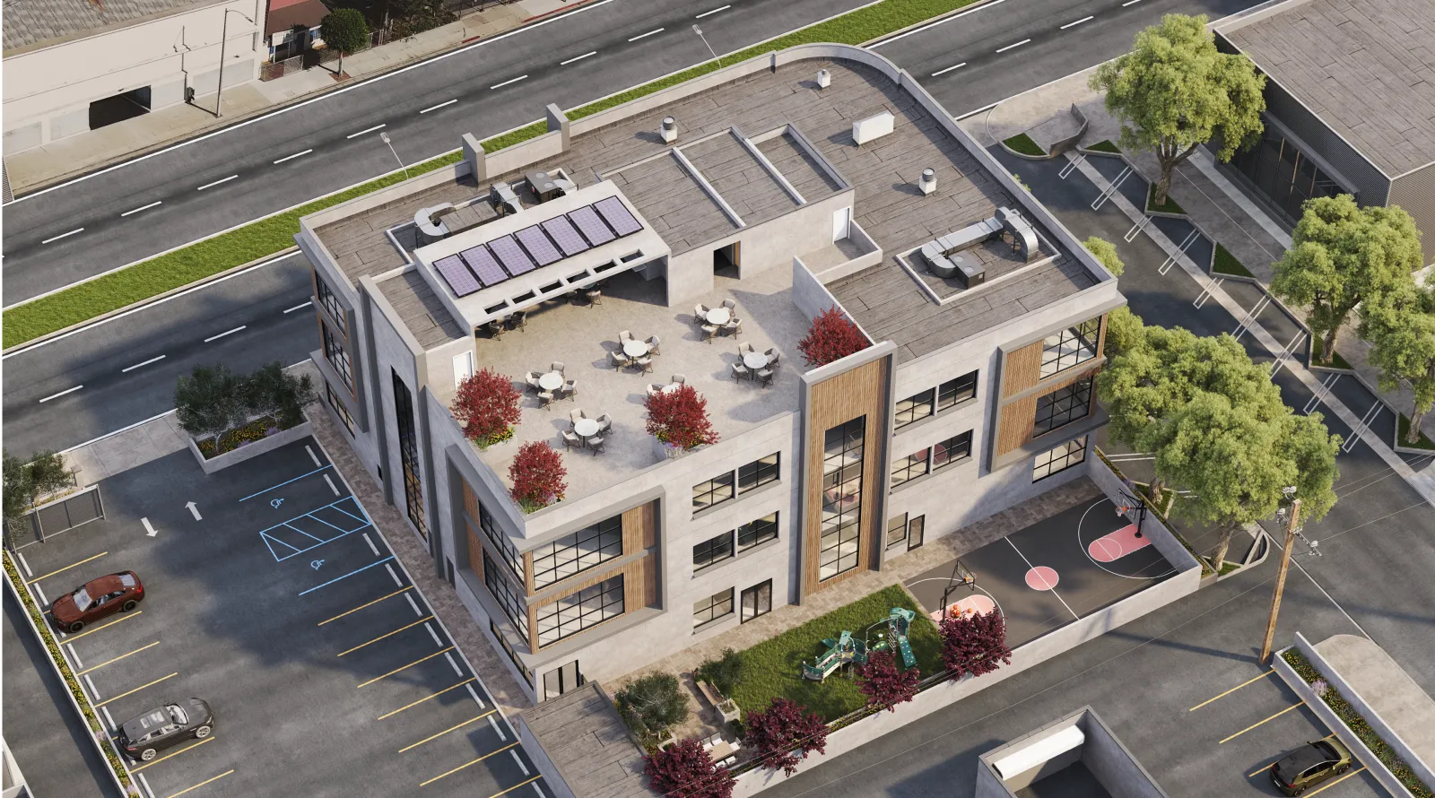 Aerial rendering of the campus with its rooftop terrace, solar panels, playground and parking